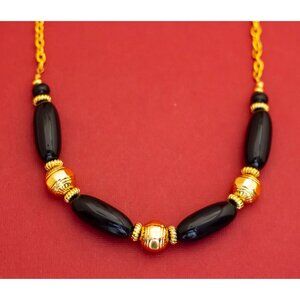 20 inch, Vintage Black Oval Beads Gold Tone Necklace - F35